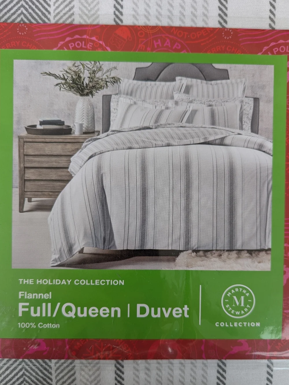 Martha Stewart The Holiday Collection Flannel Scandi Stripe Full Queen Duvet NEW